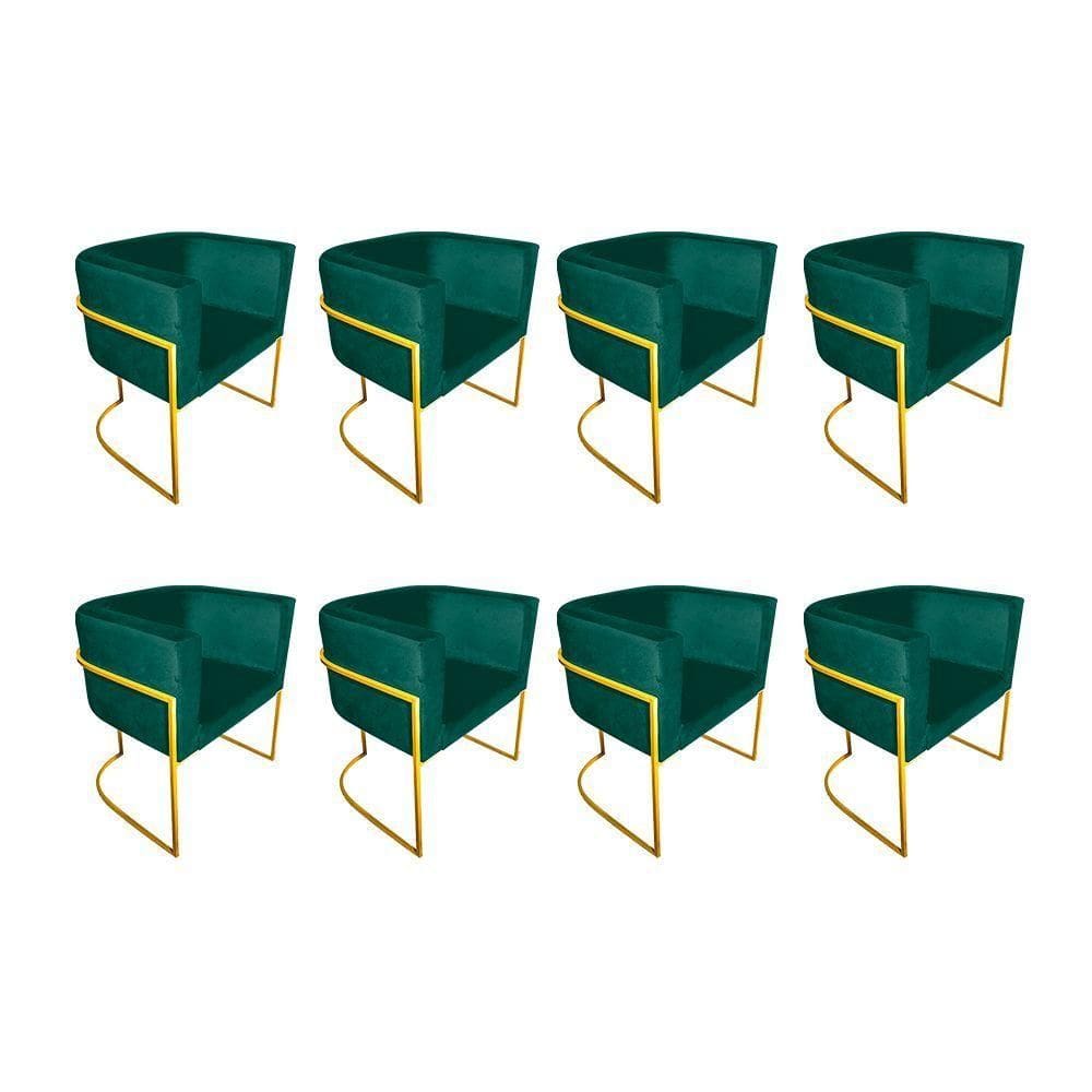 Kit 8 Cadeiras De Jantar Premium Base De Ferro Dourada Veludo Verde