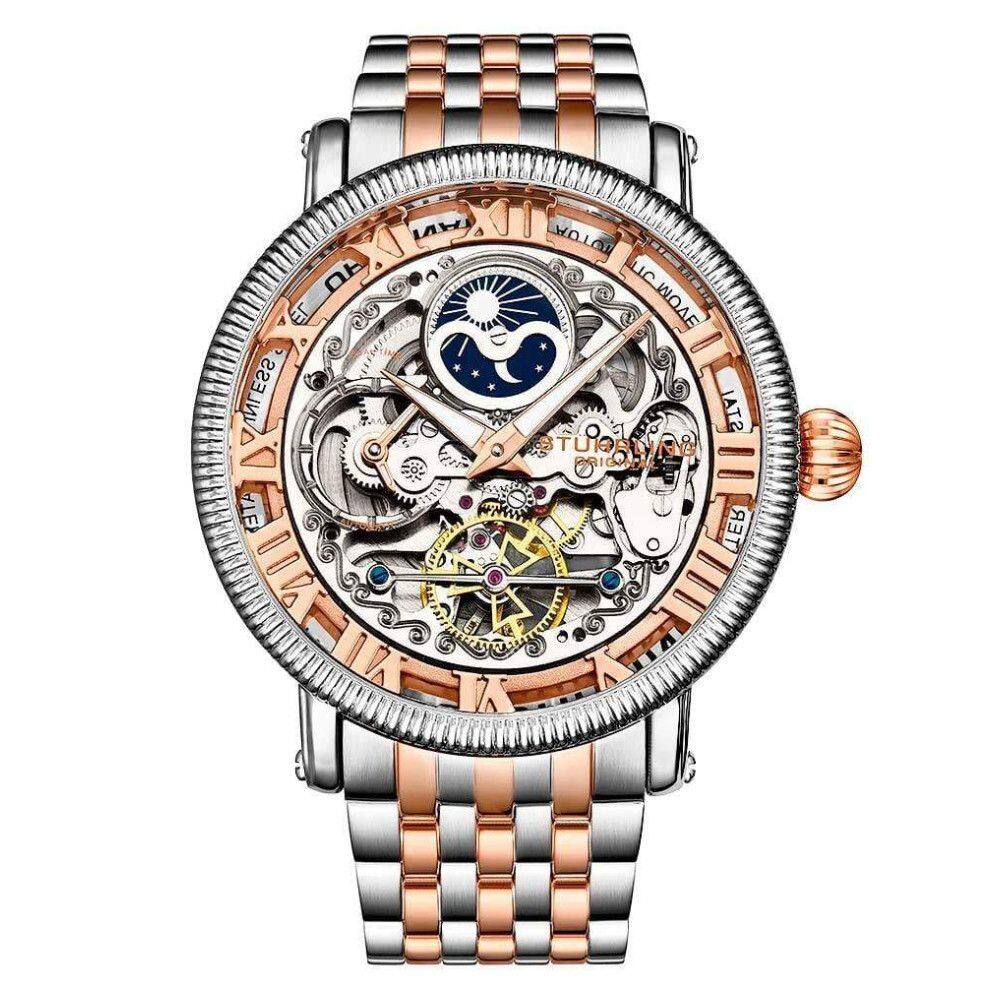Relgio Automtico Reserva Especial 3922 e 3923, 48mm, Mostrador Rosa e Prata, Pulseira de Ao Inoxidvel Rosa com Fivela Deployant - Stuhrling