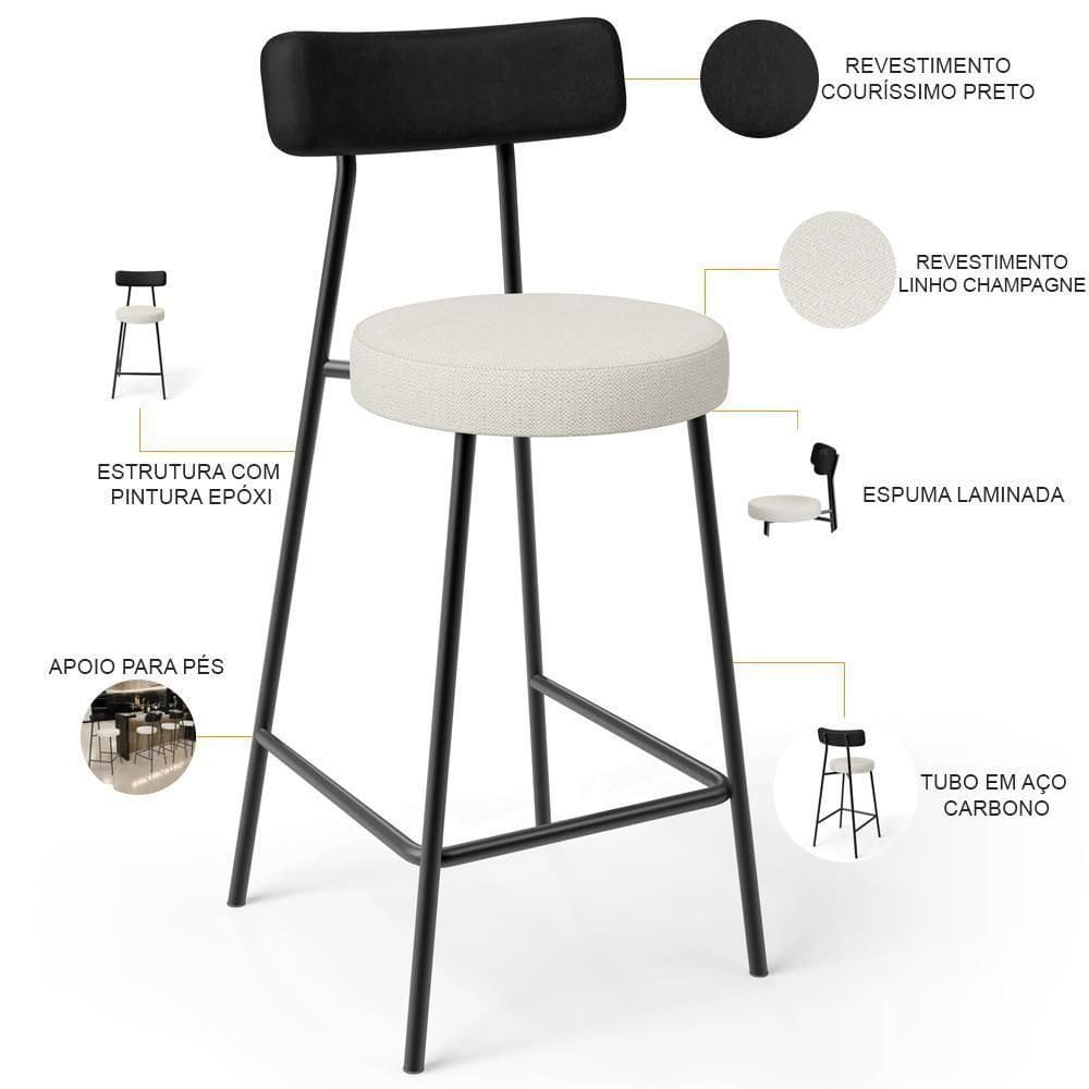 Banqueta Baixa Cozinha Sala De Jantar Milão L02 Couríssimo Preto Linho Champagne