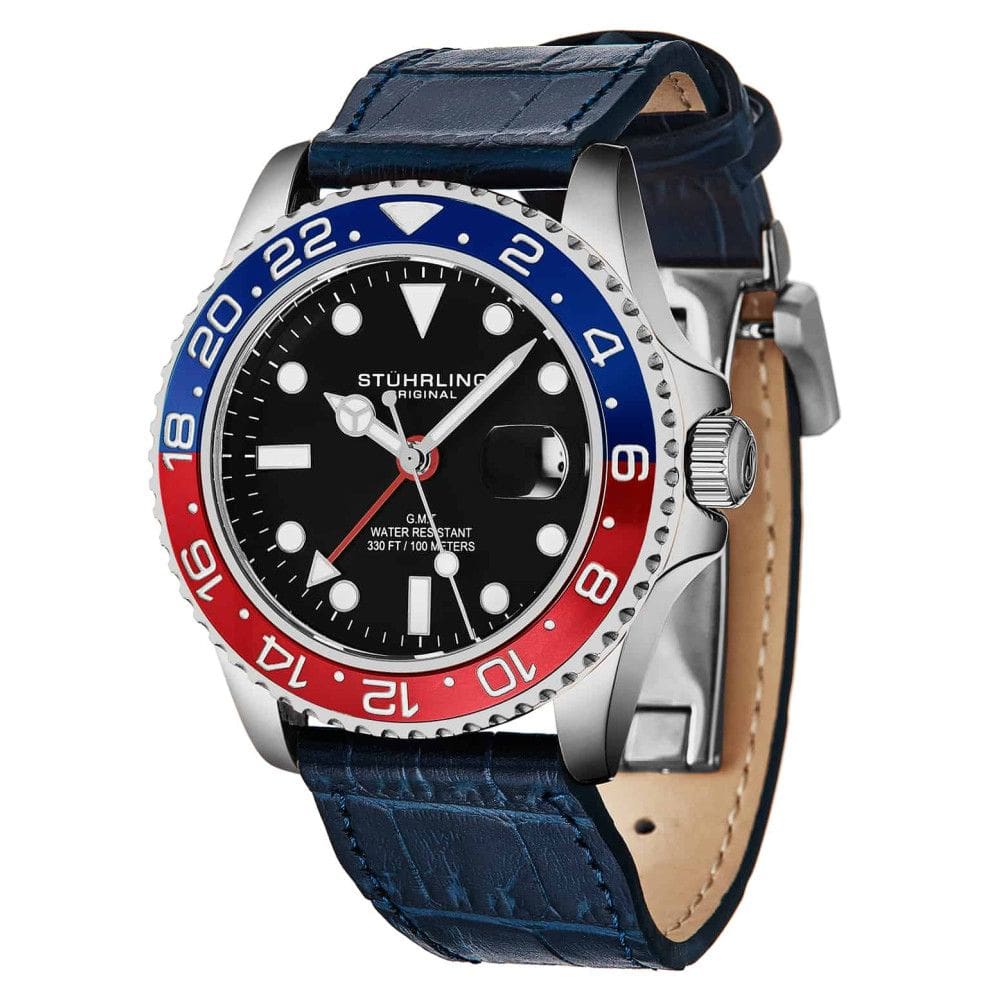 Relogio Meridian 3968L GMT 42mm com mostrador preto, moldura vermelha e azul, pulseira de couro azul e fivela de implantacao Stuhrling
