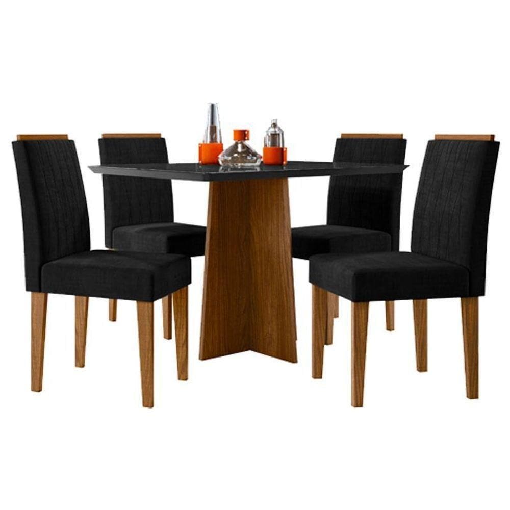 Mesa De Jantar Ambiente Anitta 120x80 Cm Com Vidro Ype Preto E 4 Cadeiras Ana Veludo Preto