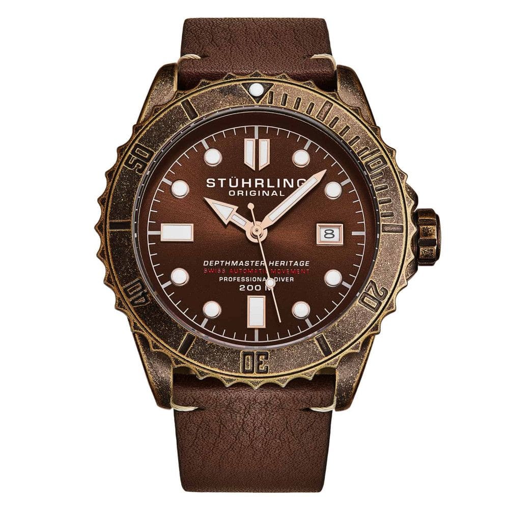 Relogio Automatico Swiss Depthmaster Heritage 1003 44MM, Mostrador Marrom e Pulseira de Couro Marrom, Stuhrling.