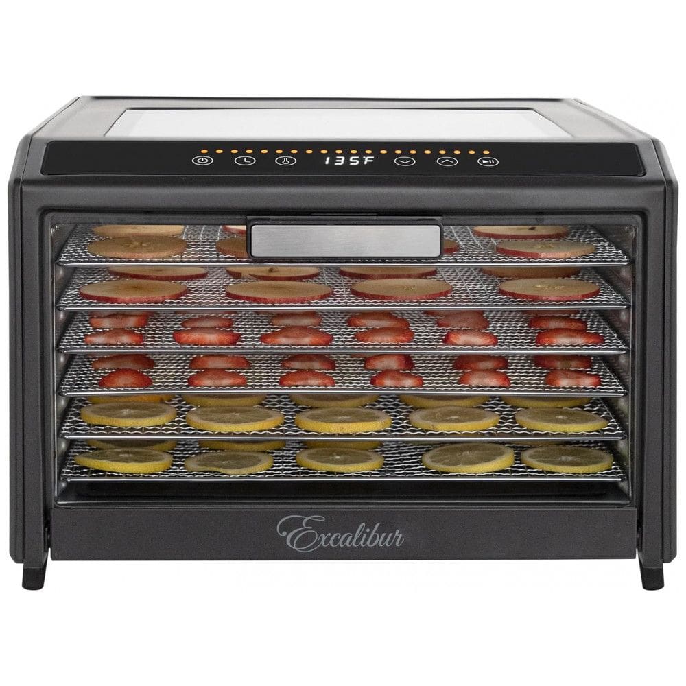 Desidratador de Alimentos Elétrico com 6 Bandejas, Controle de Temperatura e Porta de Vidro para Visualização, 700W, Excalibur, Preto