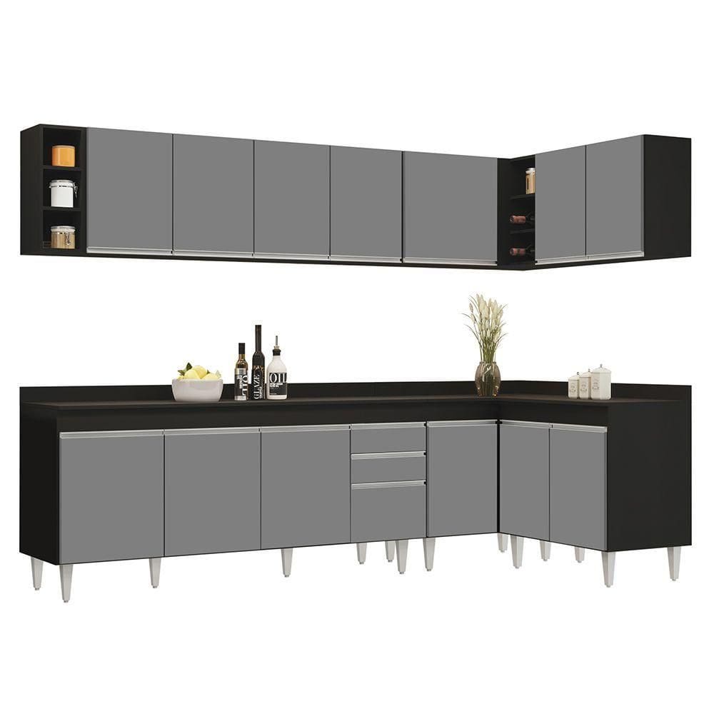 Armário De Cozinha Modulado De Canto 7 Peças Cp35 Balcão Com Tampo Preto-cinza