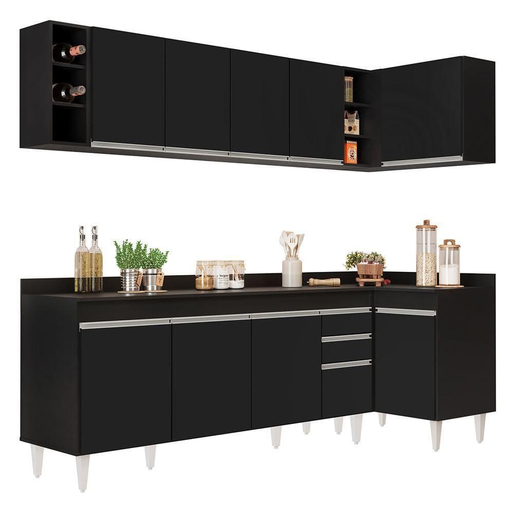 Armário De Cozinha Modulado De Canto Esquerdo 5 Peças Cp53 Balcão Com Tampo Preto