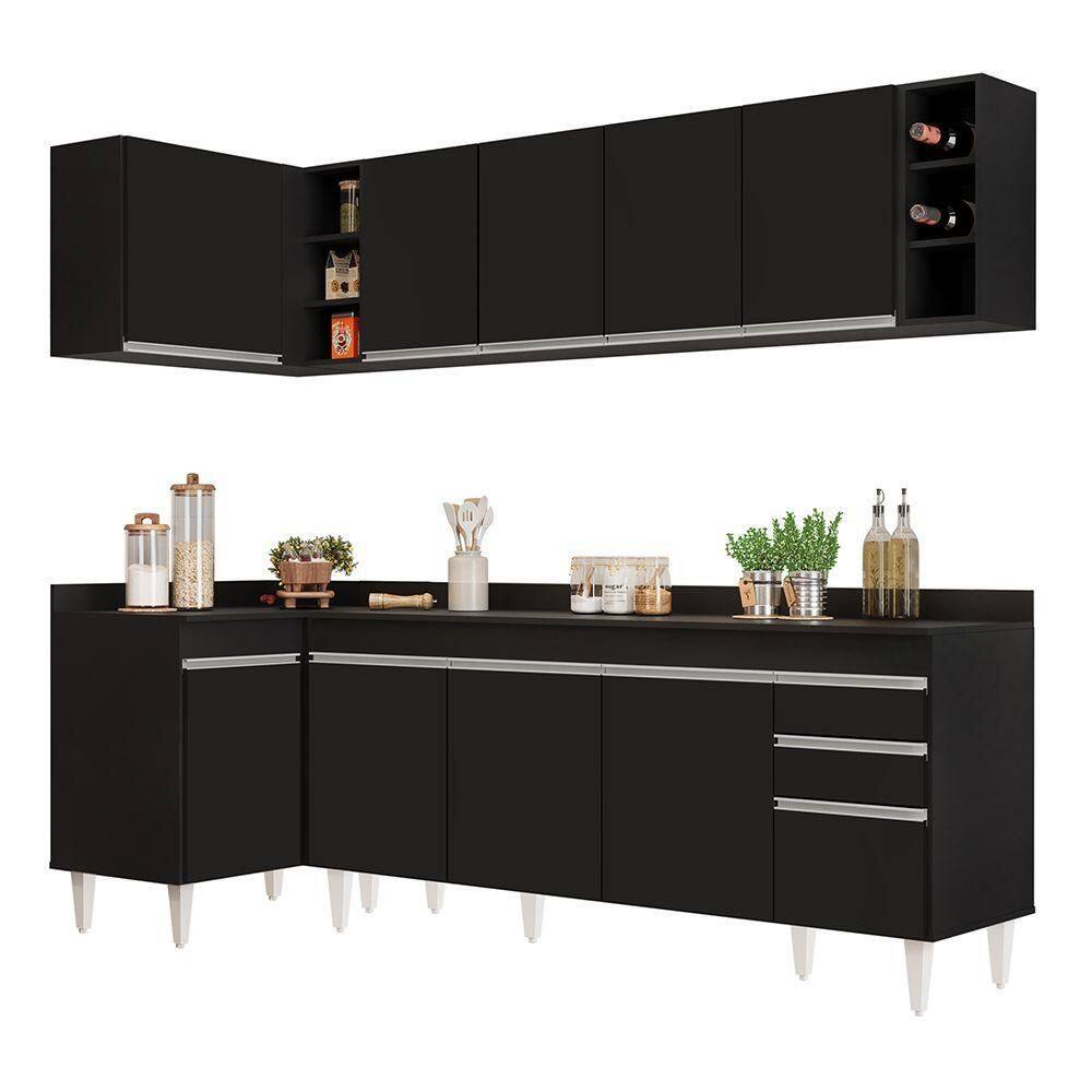 Armário De Cozinha Modulado De Canto Direito 5 Peças Cp44 Balcão Com Tampo Preto