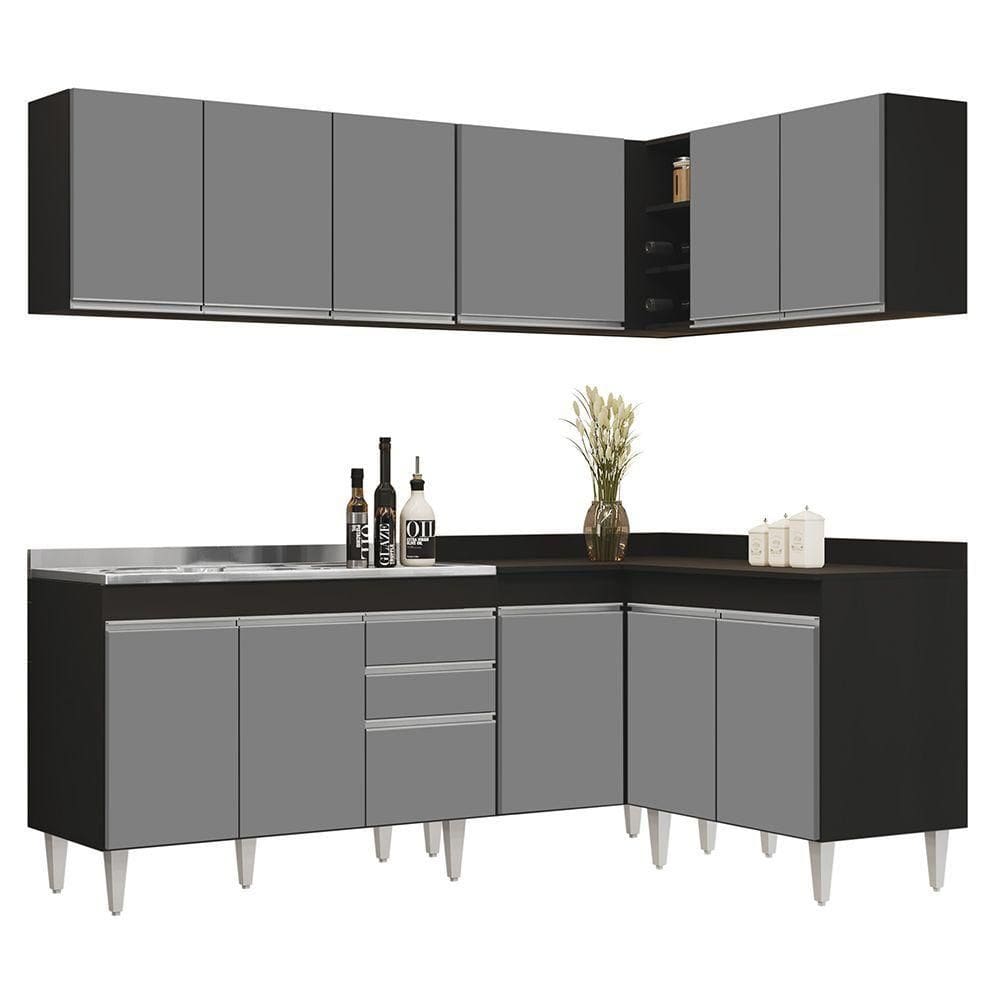 Armário De Cozinha Modulado De Canto 6 Peças Cp30 Com Pia Inox Preto-cinza