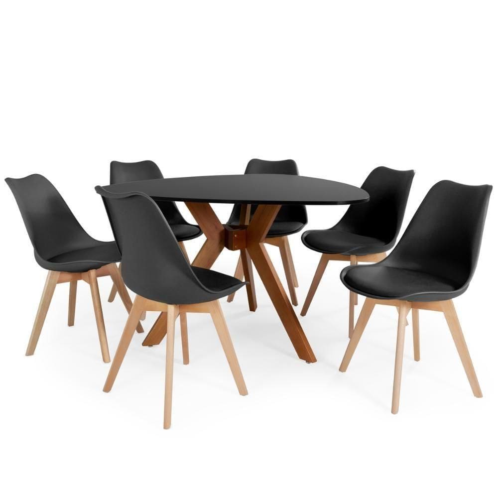 Conjunto Mesa De Jantar Orgânica Nina 120cm Preta Com 6 Cadeiras Leda - Preto