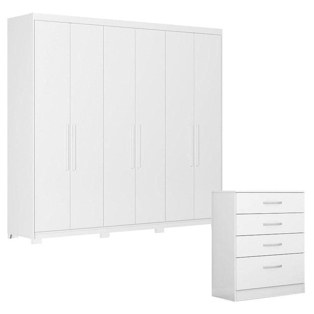 Cômoda Astral E Guarda Roupa Casal Venice 62080pe Branco Brilho Com Pés - Demóbile