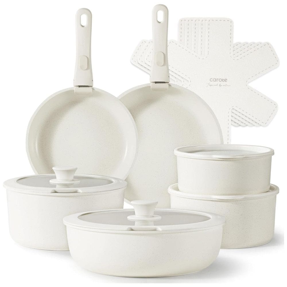 Jogo de Panelas e Frigideiras Antiaderentes, Material em Granito com 17 Peças e Cabo Removível, CAROTE A08026, Branco Creme
