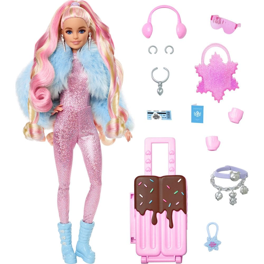 Boneca Barbie Extra Fly com roupas e acesso com tema de neve.