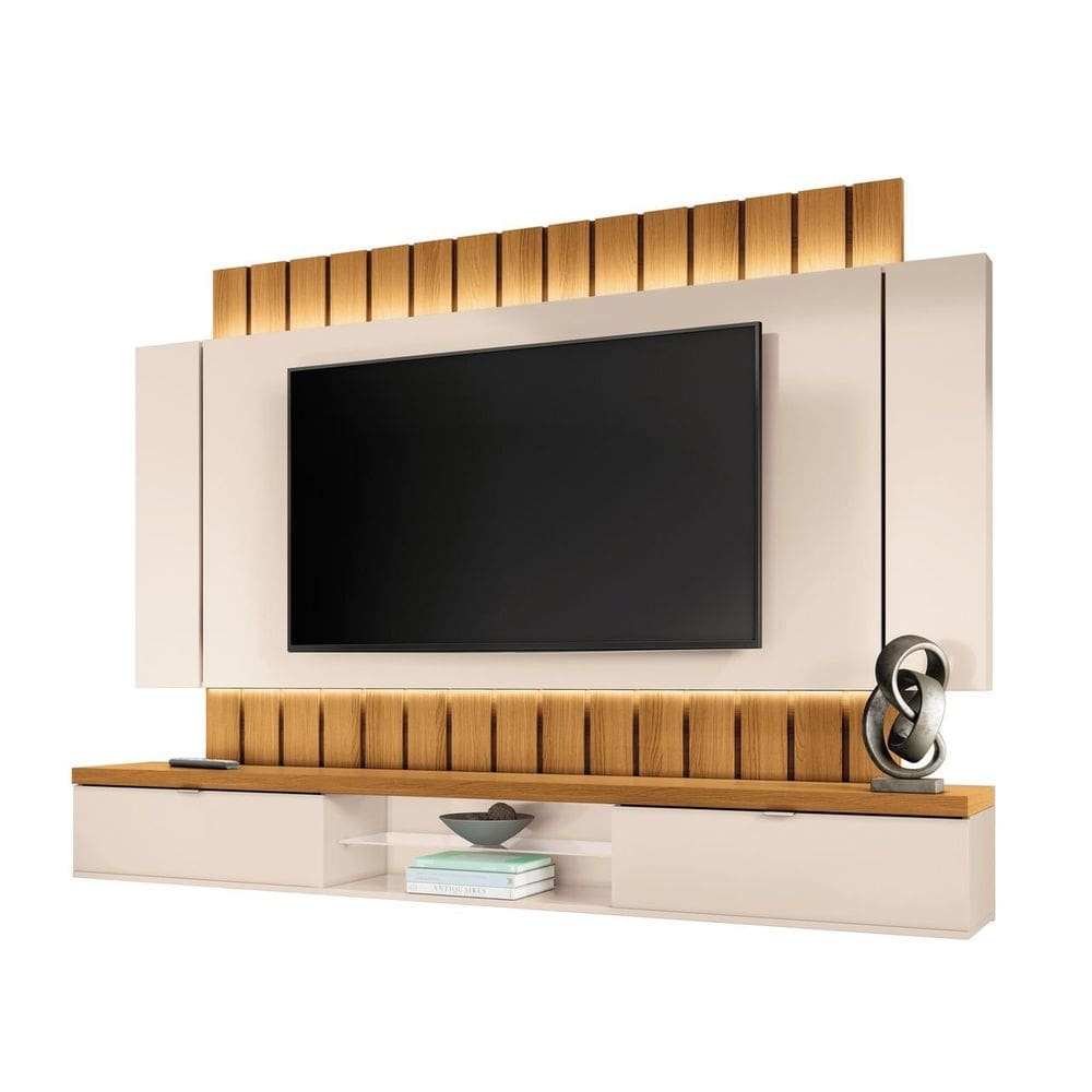 Painel Home Suspenso Ripado Led Sala Estar TV Até 70 Polegadas 2 Portas Basculantes 1 Prateleira De Vidro Illusion 2.2