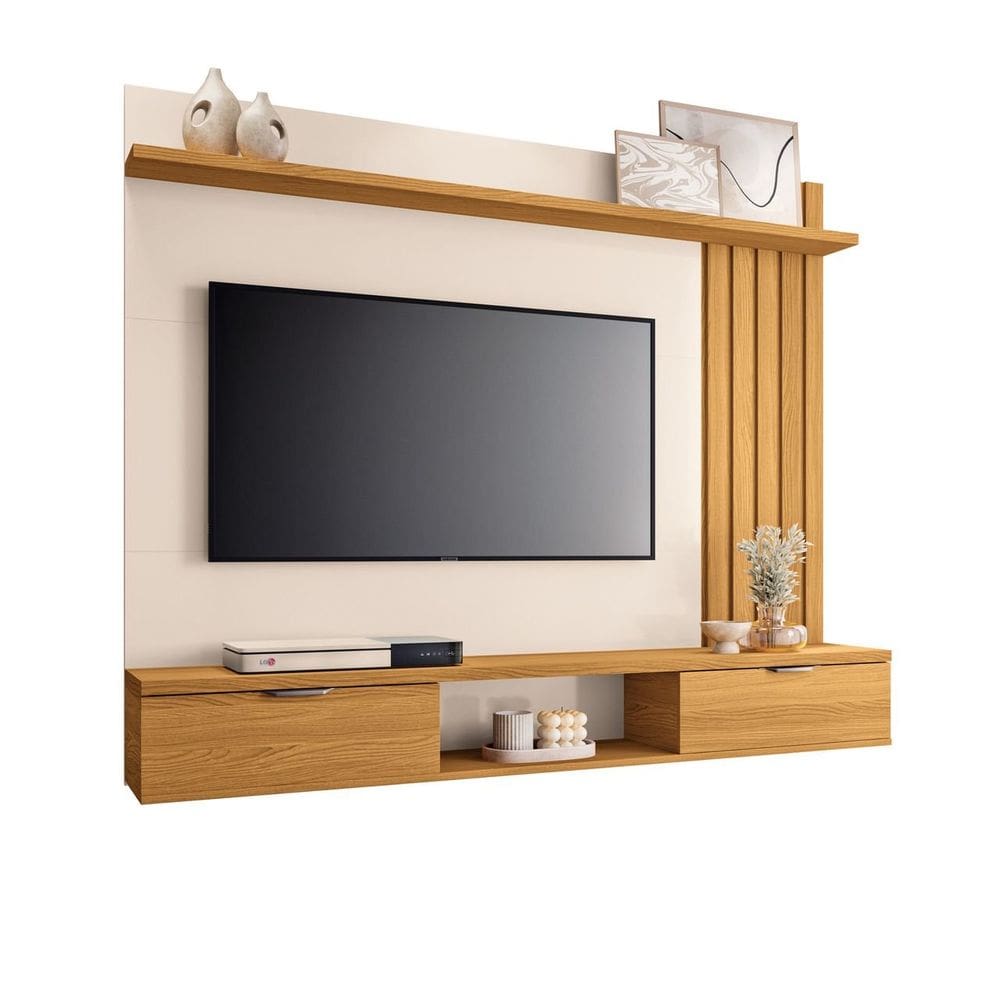 Painel Home Suspenso Sala Estar TV Até 55 Polegadas Detalhe Ripado 2 Portas Basculantes 1 Prateleira Lets