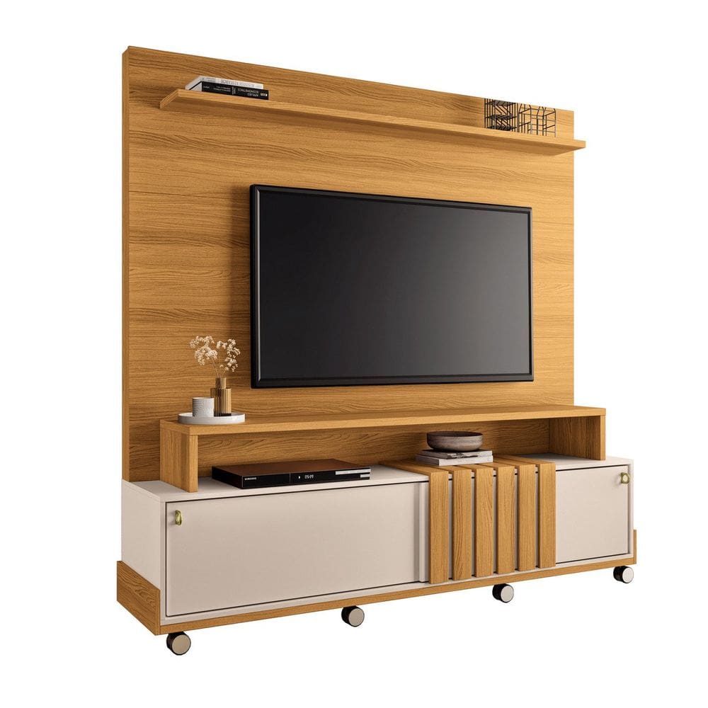 Estante Home Theater Sala Estar Detalhe Ripado TV Até 65 Polegadas 2 Portas de Correr 1 Prateleira Rodízios Cromados Bold