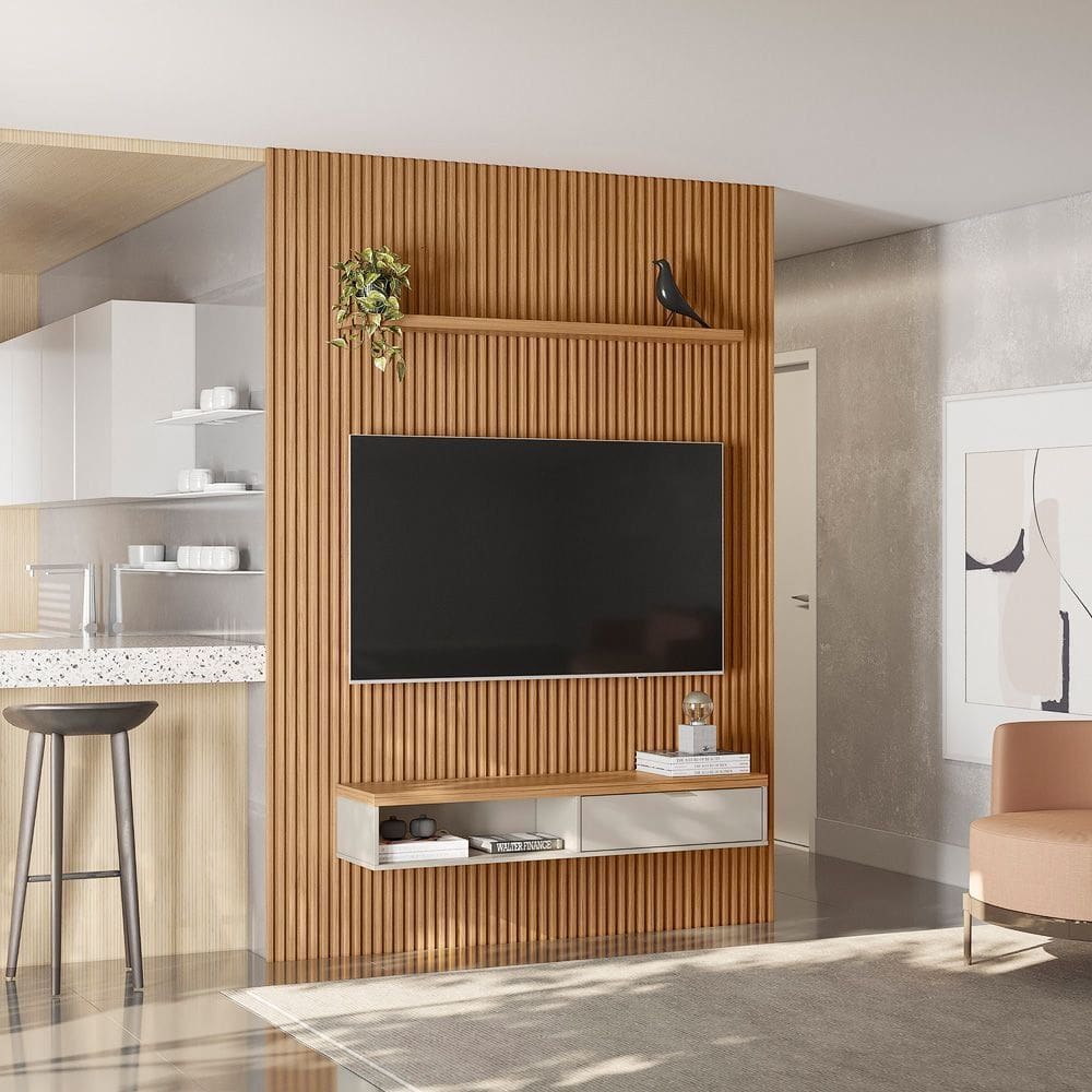 Painel Ripado Modular 1.8 Para Sala Estar TV Até 75 Polegadas 1 Nicho 1 Prateleira 1 Porta