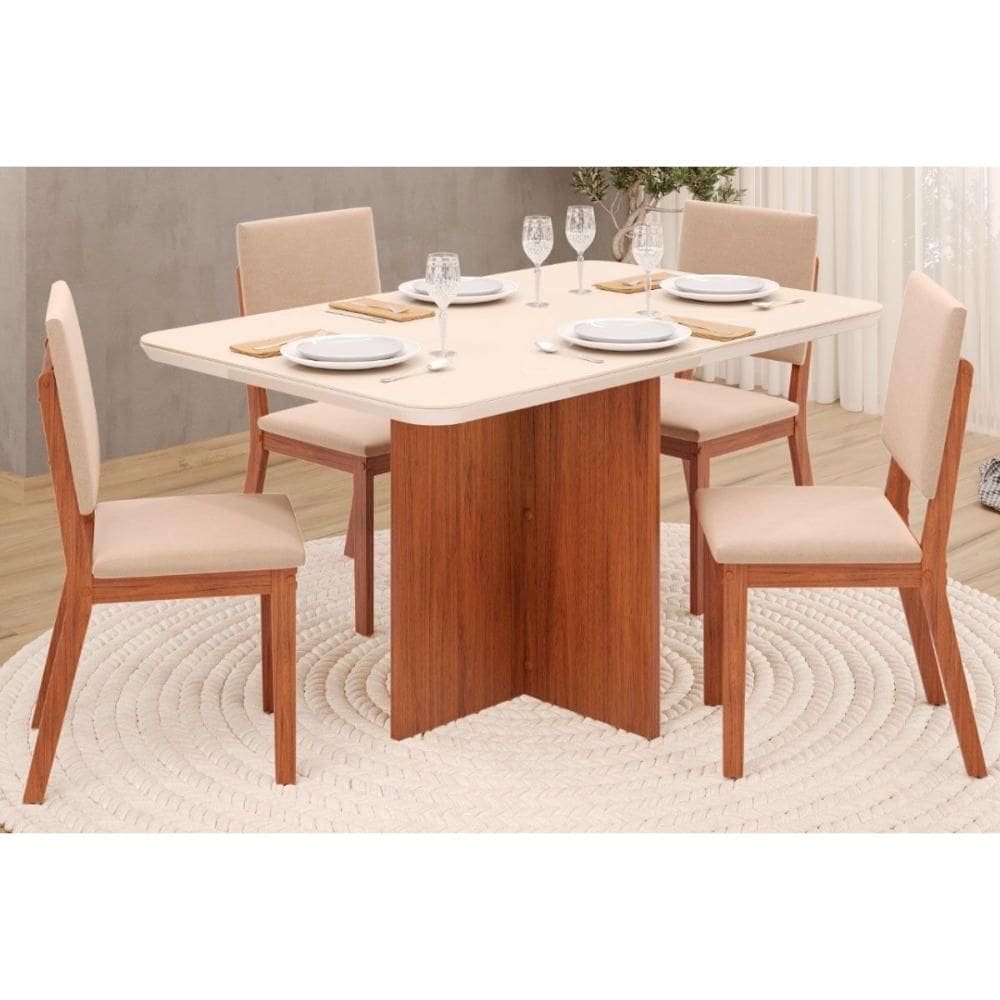Conjunto: Mesa de Cozinha Hera Tampo Madeirado c/ Vidro Reto 120x90cm e 4 Cadeiras Talia Freijo/Off White - Suede Creme - DJ Móveis