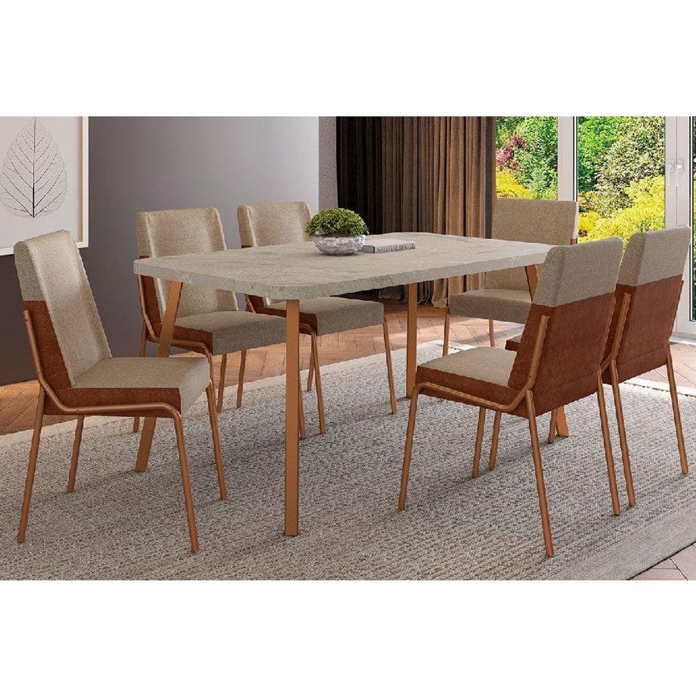Conjunto: Mesa de Cozinha Stellar 1597 Aço c/ Tampo Madeirado 160x90cm e 6 Cadeiras Hug Rose/Petra - Rose/Areia - Caramelo - Carraro