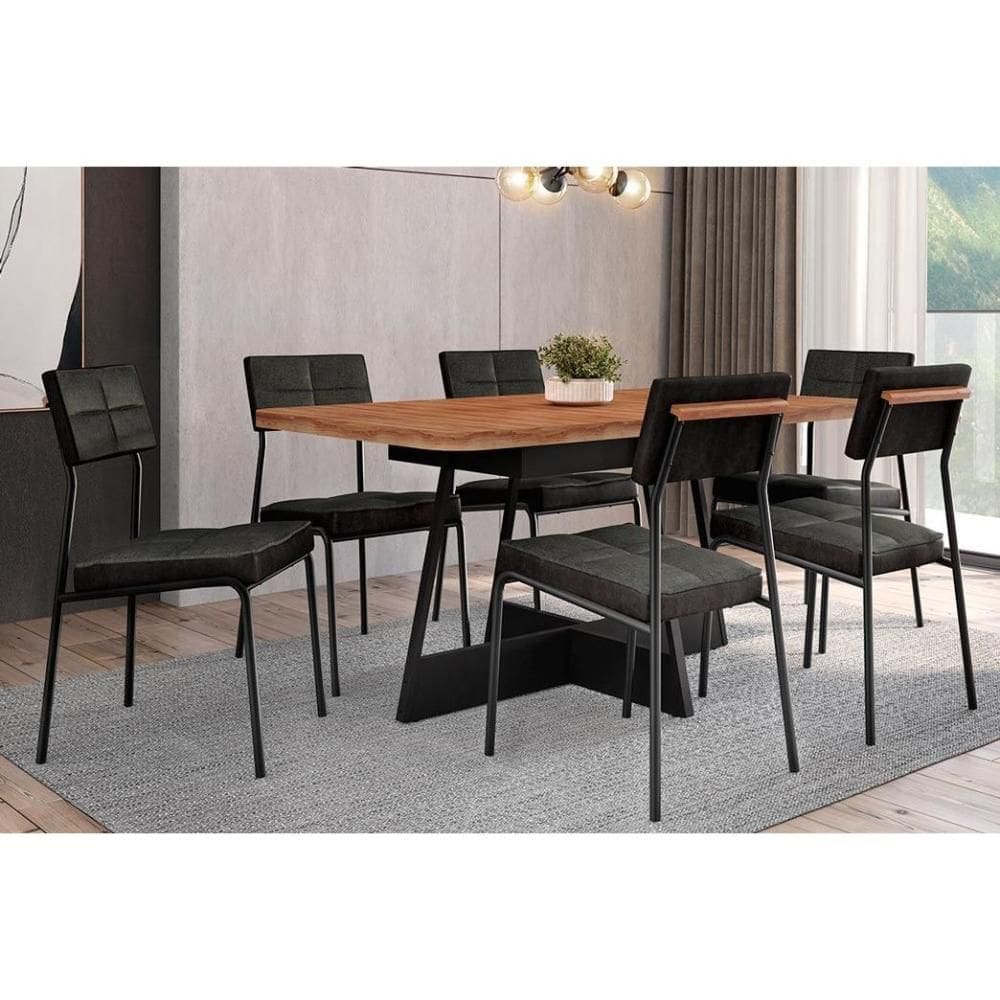 Conjunto: Mesa de Cozinha Átria 1592 Aço c/ Tampo Madeirado 160x90cm e 6 Cadeiras Neo Preto/Nogal - Preto/Grafite - Preto - Carraro