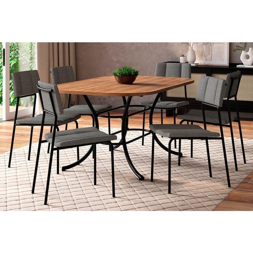 Conjunto: Mesa Sala Jantar 1547 Aço c/ Tampo Madeirado 160x90cm e 6 Cadeiras Lou Preto/Freijó - Preto/Grafite - Carraro