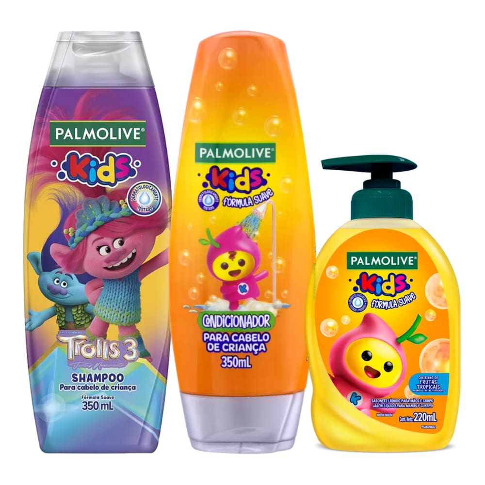 Kit Shampoo Palmolive Kids Trolls 3 Suave + Condicionador Kids Fórmula Suave + Sabonete Líquido