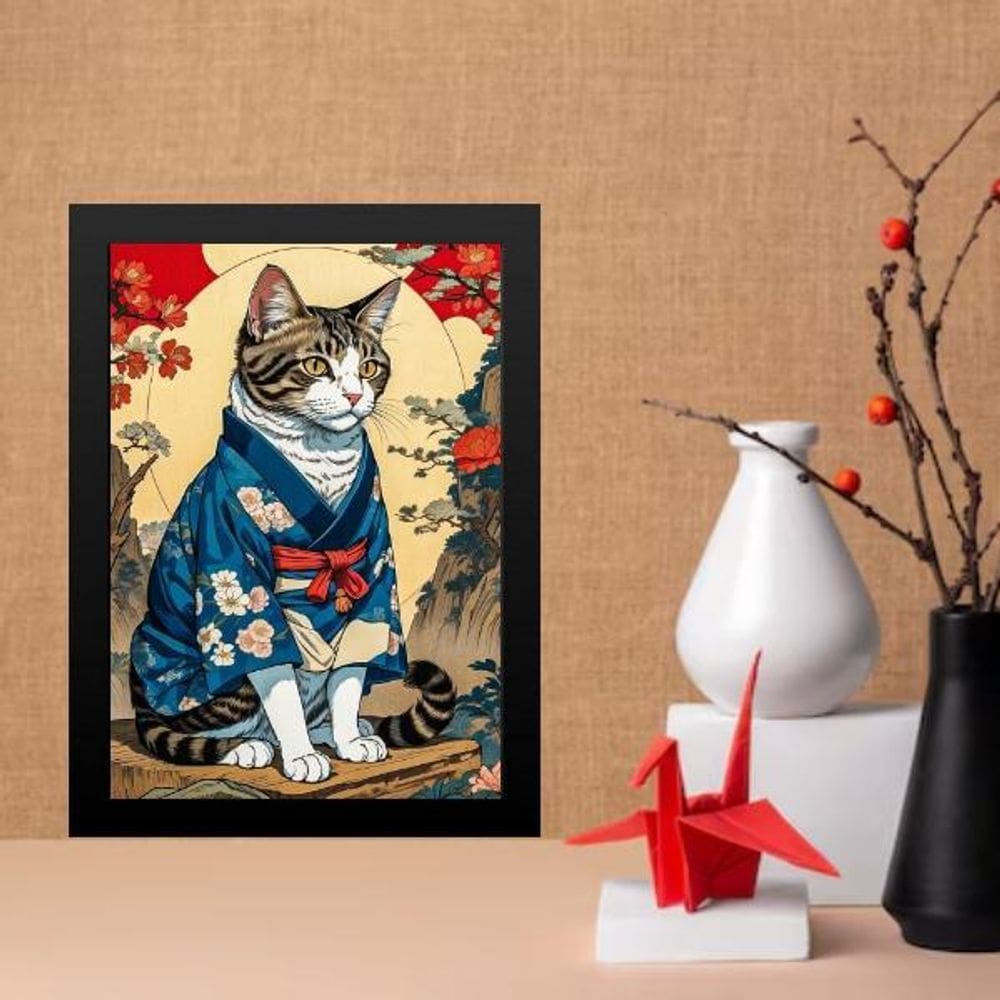 Quadro Decorativo Gato Com Kimono Oriental 45X34Cm