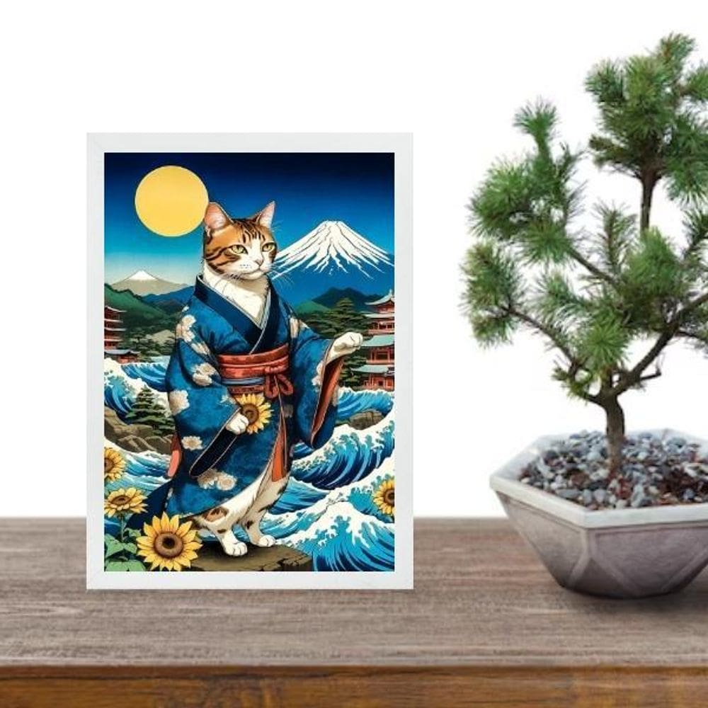 Quadro Arte Oriental - Gato Com Girassóis 45X34Cm