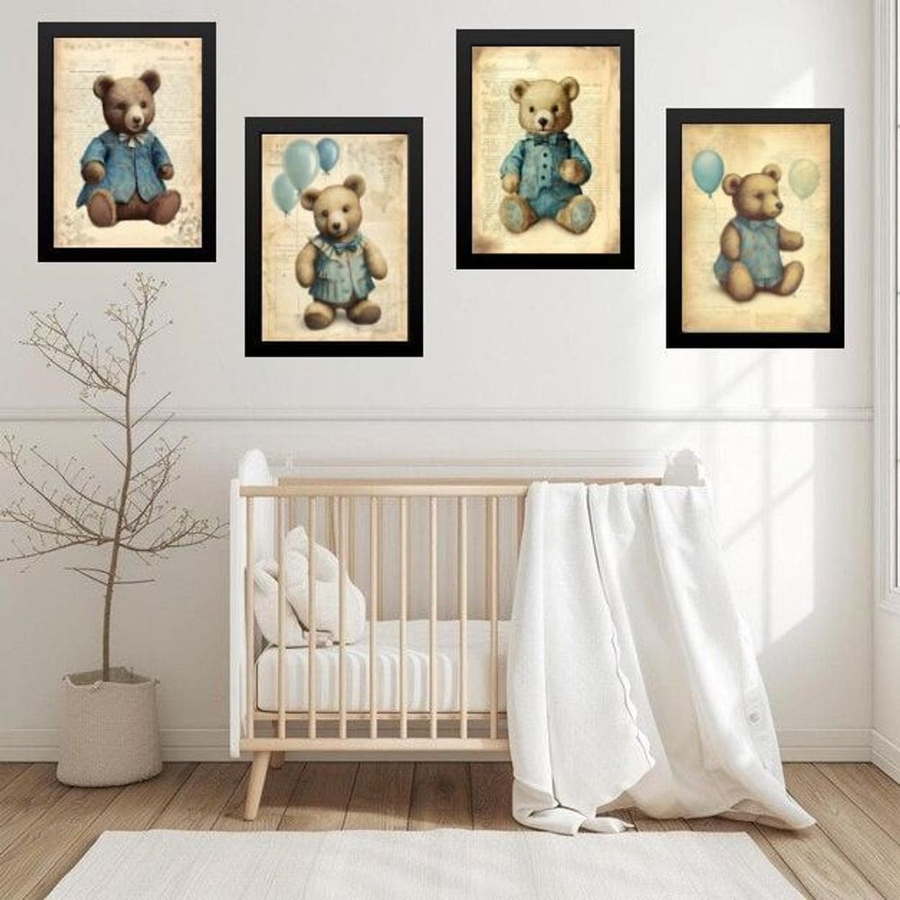 Kit 4 Quadros Quarto Bebê Ursos Vintage 45X34Cm