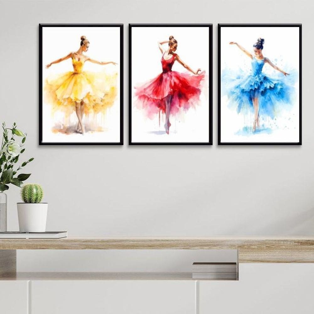 Kit 3 Quadros Decorativos Bailarinas Coloridas 33X24Cm