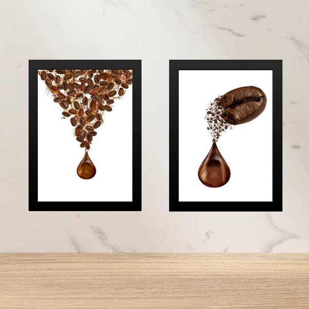 Kit 2 Quadros Gotas Grãos De Café 24X18Cm - Com Vidro