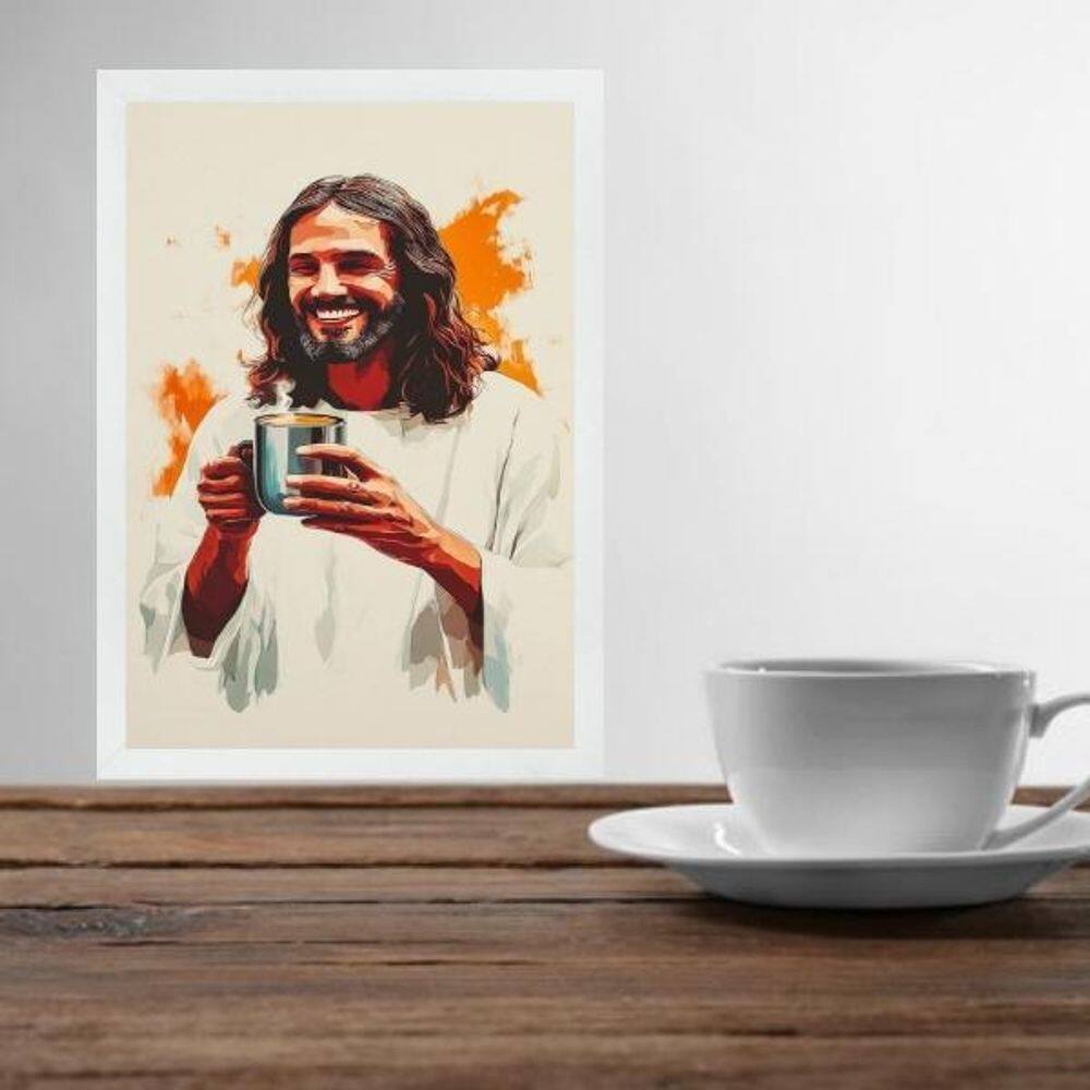 Quadro Jesus Tomando Café - Aquarela 33X24Cm - Com Vidro