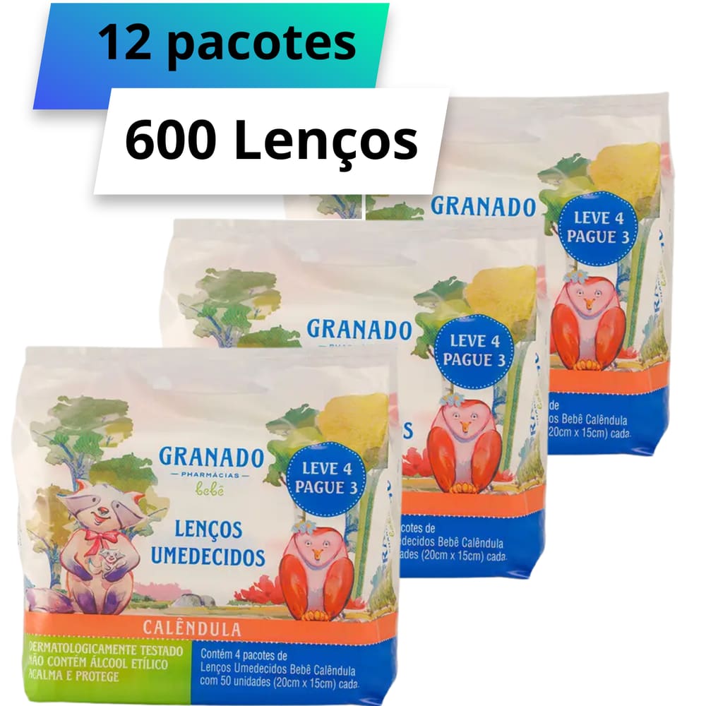 Kit 12 Lenços Umedecido Granado Toalha Calêndula Bebe Neutro com 50 unidades