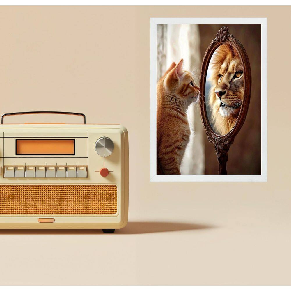 Quadro Motivacional Autoestima Gato Espelho Leão 45X34Cm