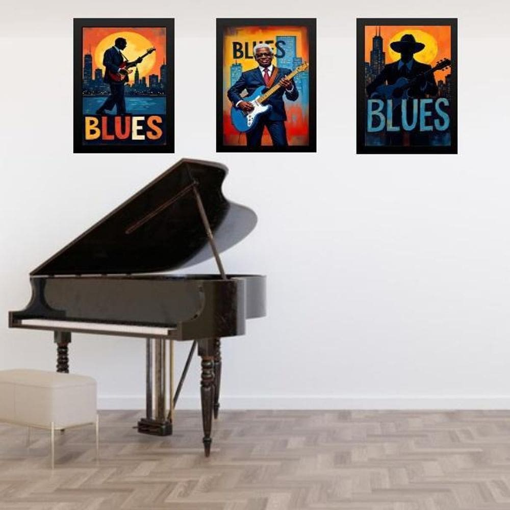Kit 3 Quadros Músicos Blues 33X24Cm - Com Vidro