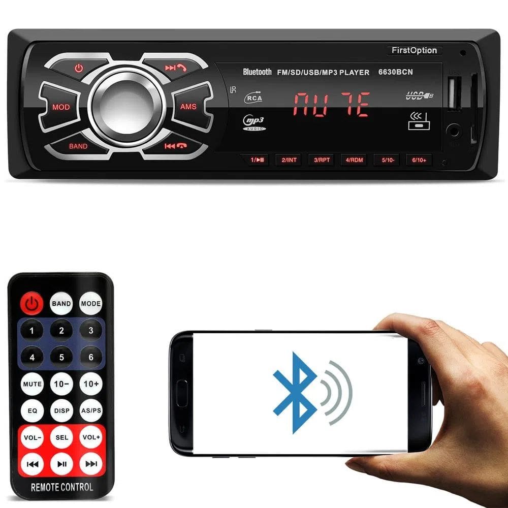 Som Automotivo Rádio MP3 Player Bt, Entrada Auxiliar, P2, Rádio FM, Saída RCA ,SD, Viva Voz, USB - First Option 6630BN
