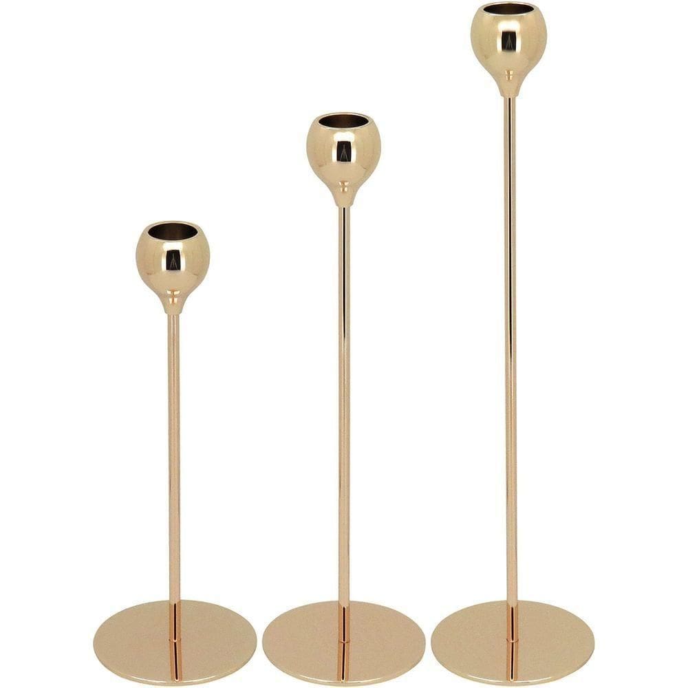 Jg 3 Peças Castiçal Porta Vela Metal Dourado