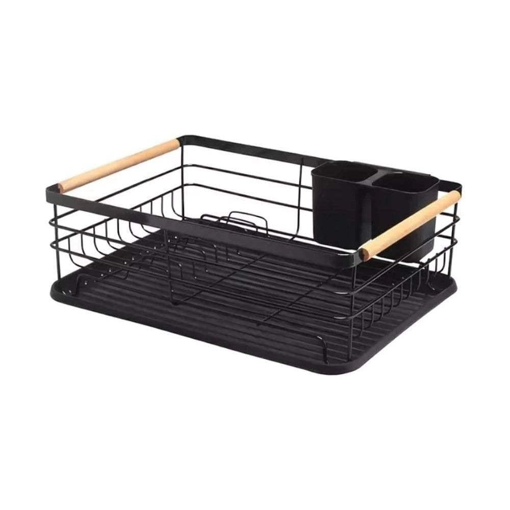 Escorredor De Louças de Metal e Madeira com Bandeja 43x32cm - Preto