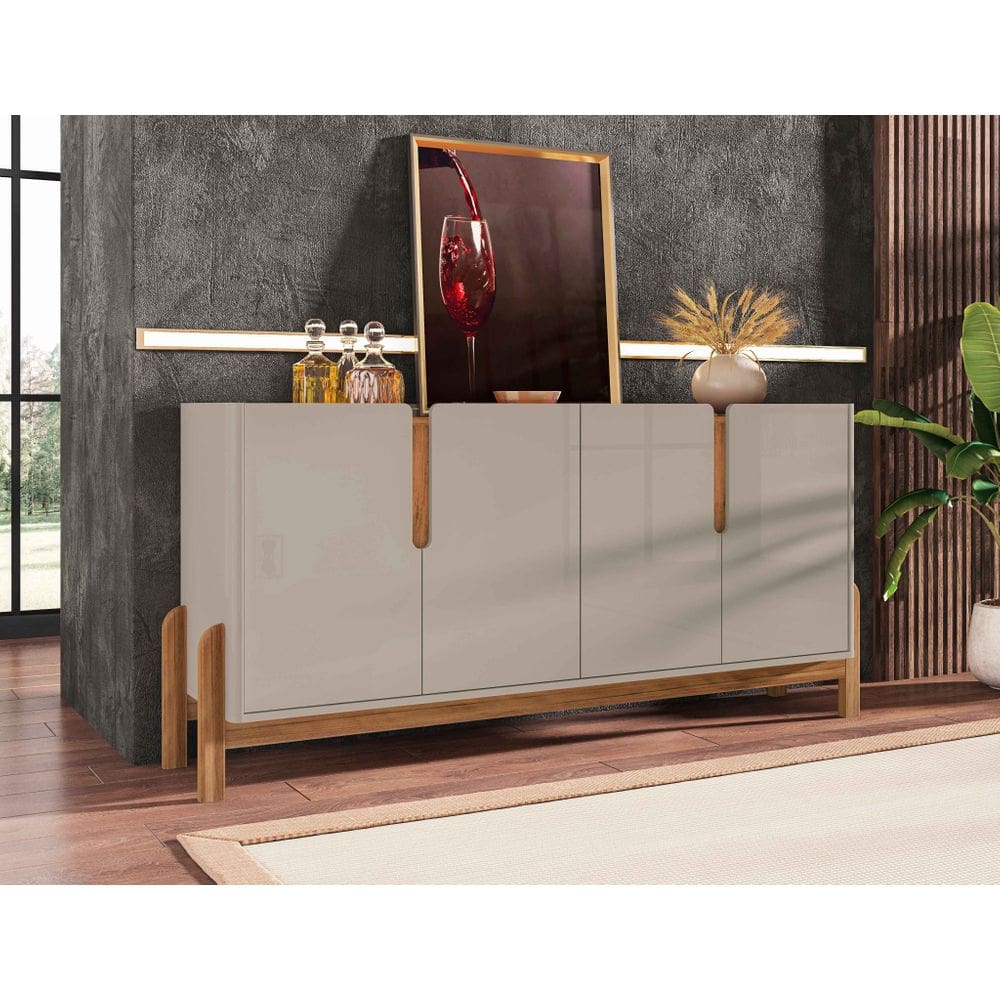 Aparador Buffet Sala 170cm Liz 4 Portas Com Adega com Pés de Madeira OffWhite com Cedro - Rede Móveis