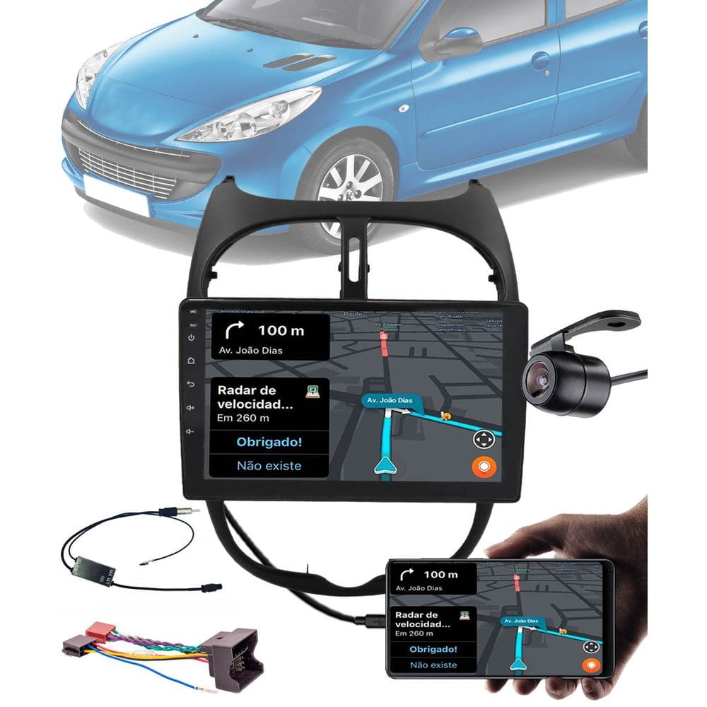 Multimídia 9" Polegadas Peugeot 206 2002 até 2010 + Câmera Ré + Moldura + Chicote + Adaptador de Antena