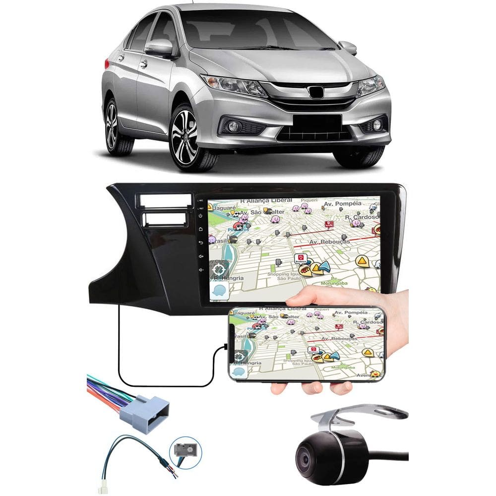 Multimídia 9\" Polegadas Honda City 2015 à 2020 Espelhamento USB Bluetooth + Chicotes + Moldura Painel + Câmera de Ré
