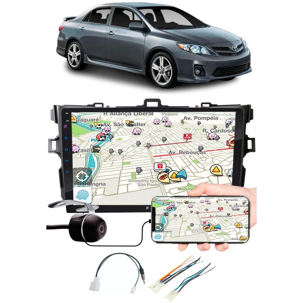 Multimídia 9\" Polegadas Toyota Corolla 2009 à 2014 Espelhamento USB Bluetooth + Moldura Painel + Interface Volante + Chicotes + Câmera de Ré