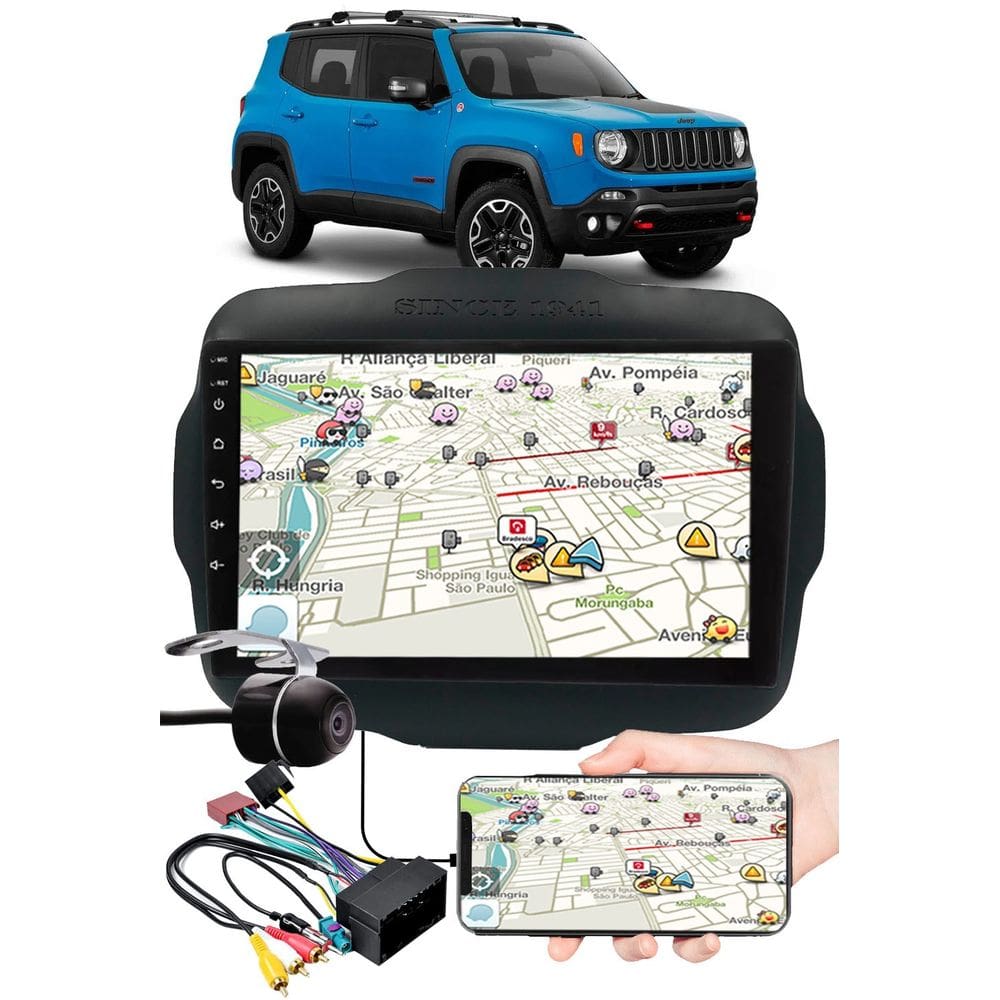 Multimídia 9\" Polegadas Jeep Renegade Espelhamento USB Bluetooth + Moldura Painel + Chicotes + Câmera de Ré