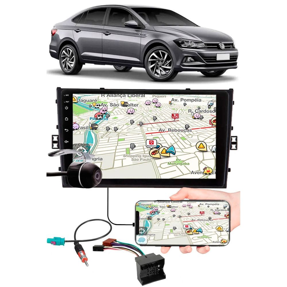 Multimídia 9\" Polegadas Vw Virtus Espelhamento USB Bluetooth + Chicotes + Interface Volante + Moldura Painel + Câmera de Ré
