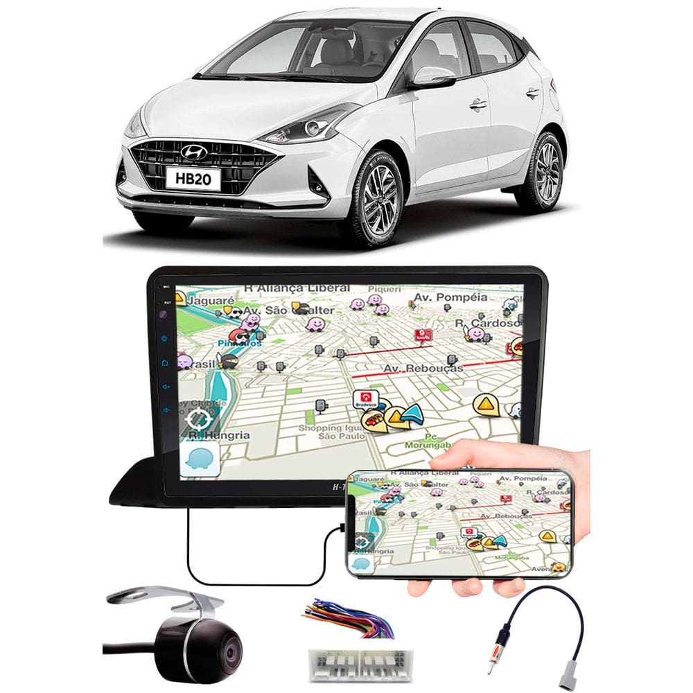 Multimídia 9\" Polegadas Hyundai HB20 2020 2021 Espelhamento USB Bluetooth + Moldura Painel + Chicotes + Câmera de Ré