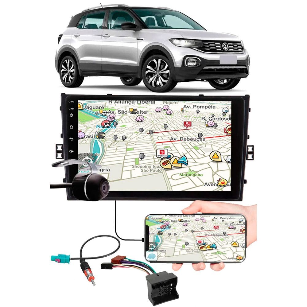 Multimídia 9\" Polegadas Vw T-Cross Espelhamento USB Bluetooth + Chicotes + Interface Volante + Moldura Painel + Câmera de Ré