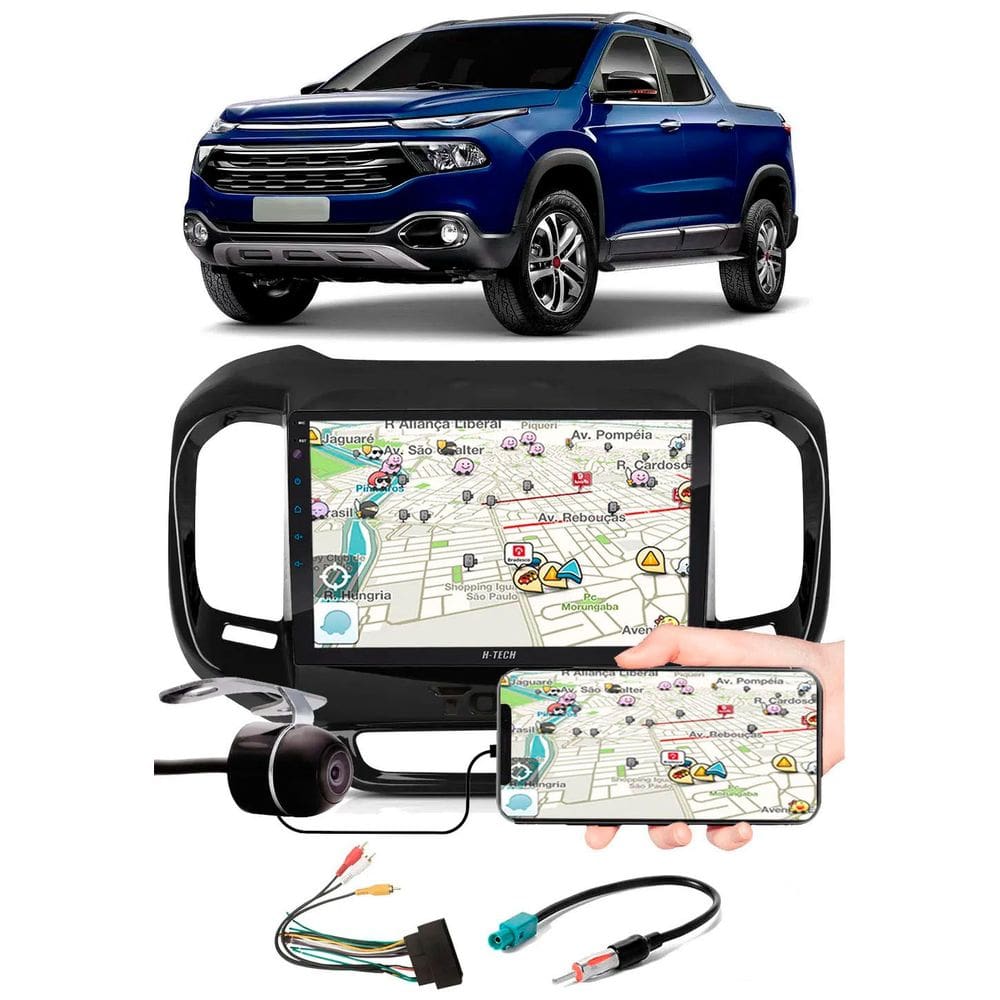 Multimídia 9\" Polegadas Fiat Toro Espelhamento USB Bluetooth + Moldura Painel + Interface Volante + Chicotes + Câmera de Ré