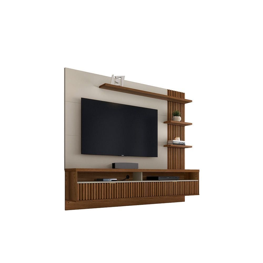 Painel Suspenso Detalhe Ripado Sala Estar TV Até 65 Polegadas 3 Prateleiras 2 Portas Basculante Araruna