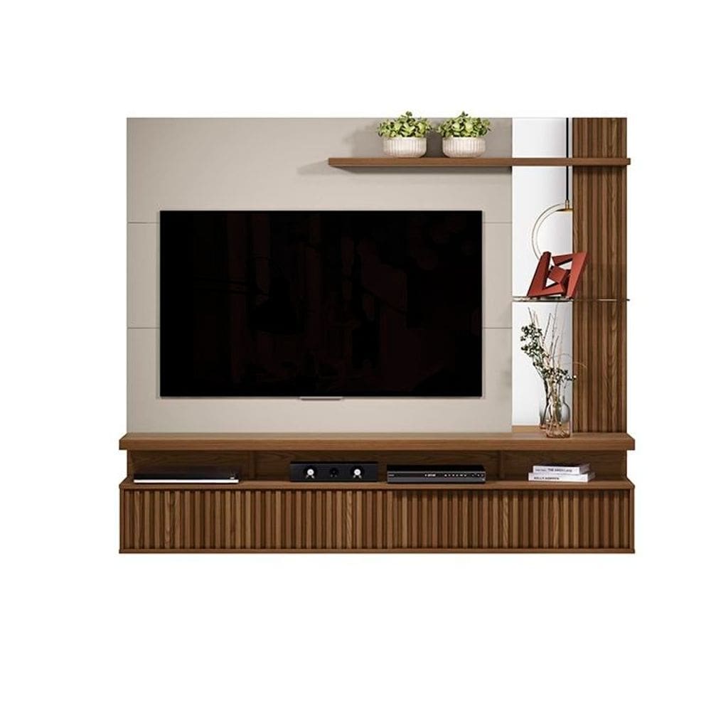 Painel Suspenso Detalhe Ripado Sala Estar TV Até 60 Polegadas Porta Ripada 2 Prateleiras 1 De Vidro Maragogi
