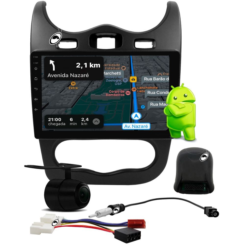 Multimidia 10" Android Sandero Logan 2012 a 2014 Comando Volante Android Auto CarPlay + Câmera de Ré