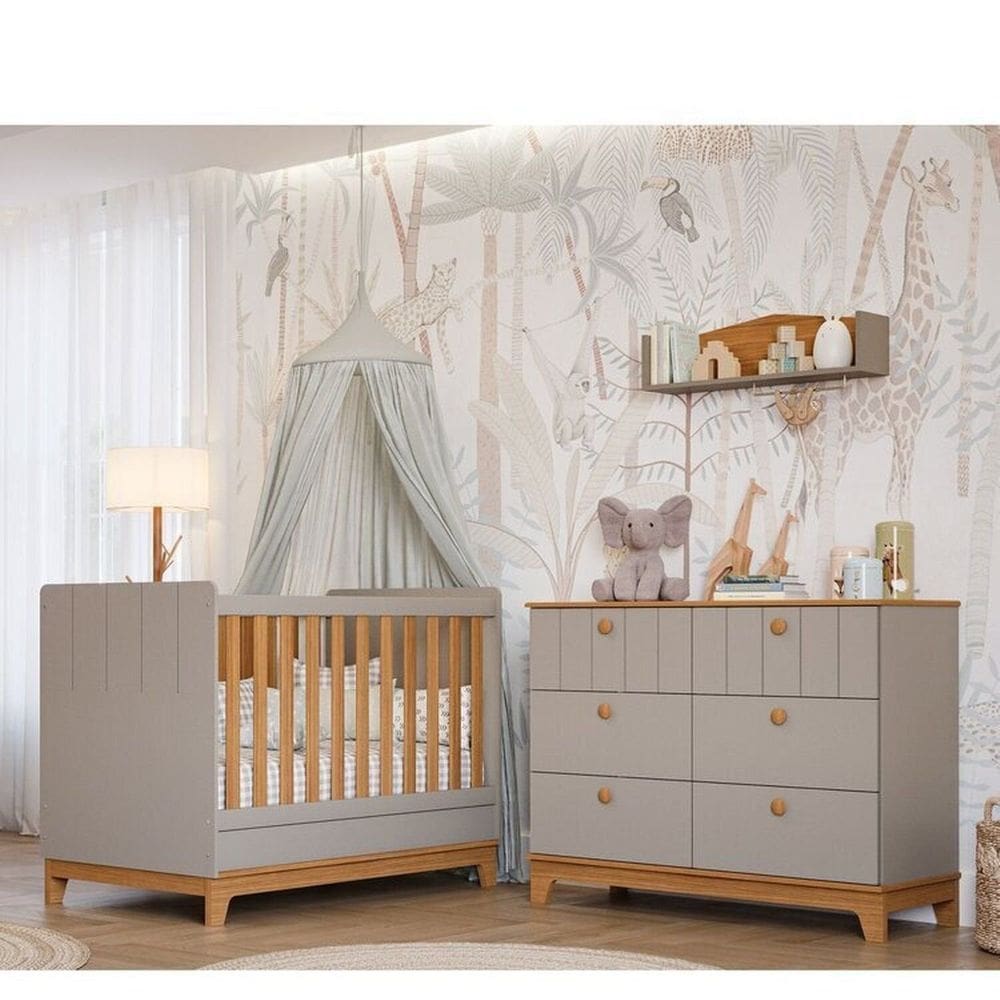 Conjunto Quarto de Bebê 1Berço 1 Cômoda 6 Gavetas Chantilly Cinza/Marrom