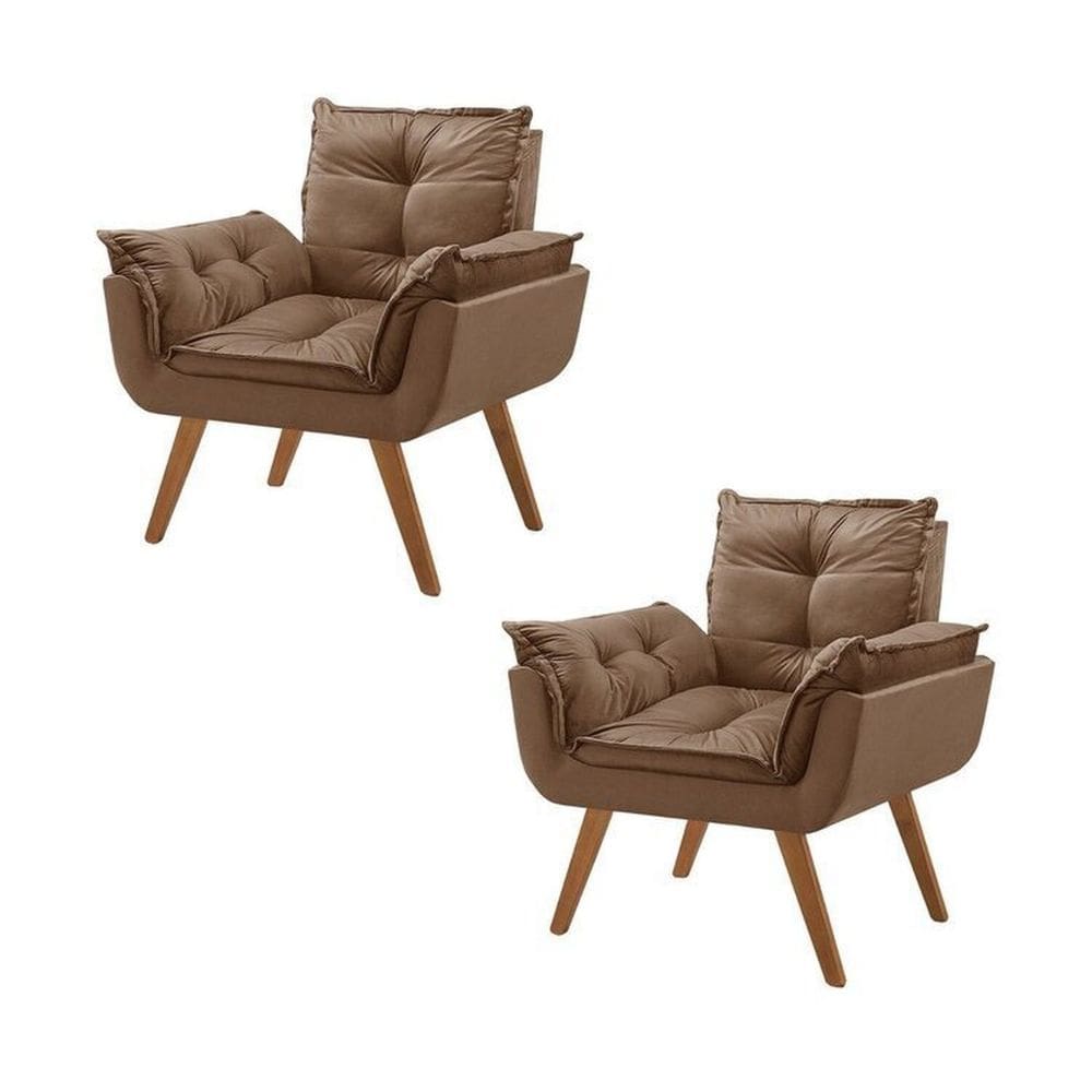 Kit 2 Poltronas em Veludo Base Palito Quadrada Opalla Prime Marrom/Marrom